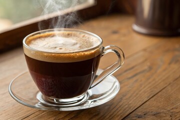Obraz premium Steaming Cup of Coffee on Wooden Table
