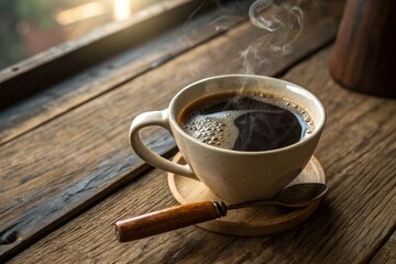 Steaming Cup of Coffee on Wooden Table