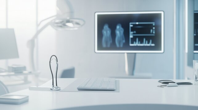 A futuristic view of a telemedicine consultation setup with virtual elements and a clean background, Futuristic style, photo of