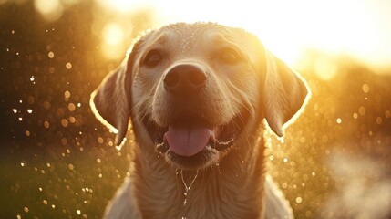 Golden Retriever sunset portrait, water droplets, happy
