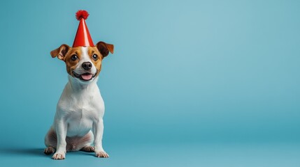 Happy dog party hat blue studio backdrop