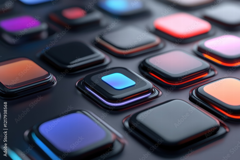Poster buttons designed for mobile applications with various colors and shapes