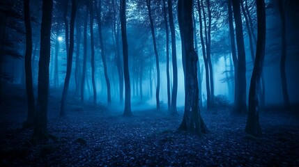Enigmatic Blue Forest at Night: A Mystical Scene
