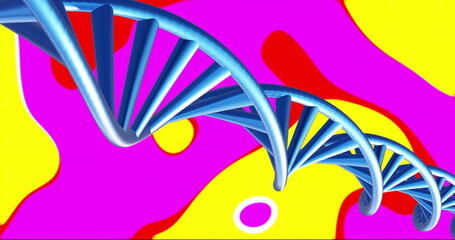 Obraz premium DNA strand image over colorful abstract background with pink, yellow, and red shapes
