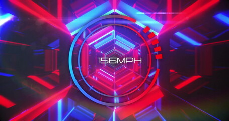 Speedometer showing 156 mph over neon geometric shapes image