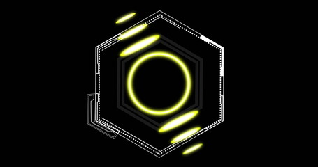 Glowing yellow circles and lines image over hexagonal geometric shapes on black background