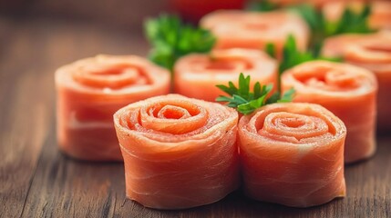   A close-up shot of diverse food items arranged on a table, featuring freshly chopped parsley atop the rolls