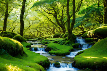 森の中の小川と緑の苔