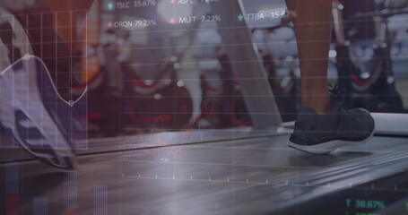 Image of financial data processing over biracial woman running on treadmill