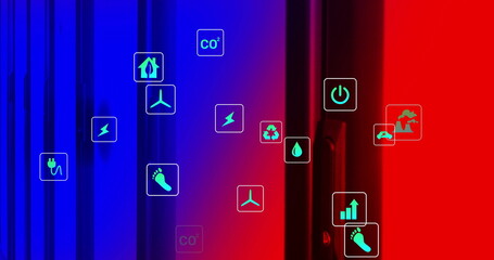 Image of eco icons and digital data processing over computer servers