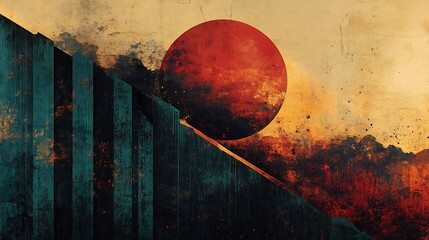 Intense red sun dramatically rises over textured geometric landscape. AI Generated