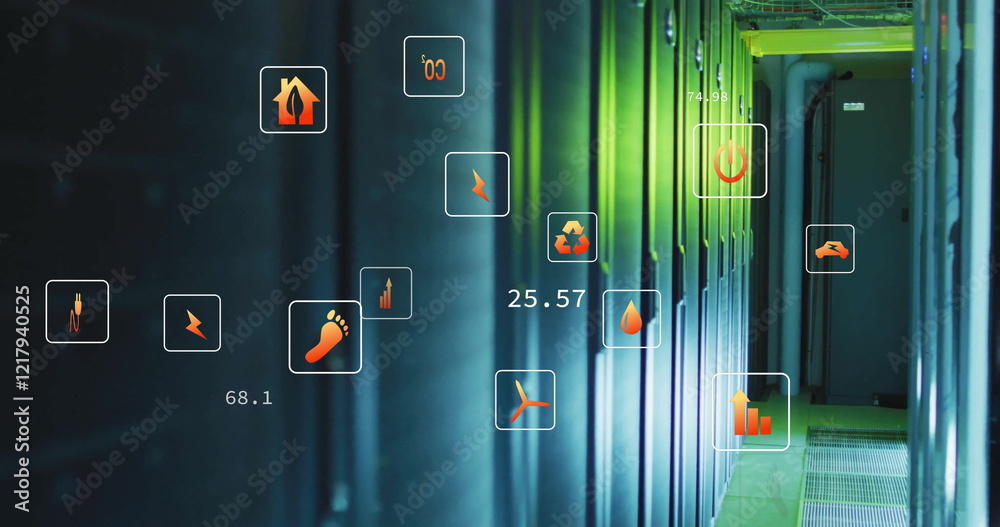 Poster image of eco icons and digital data processing over computer servers