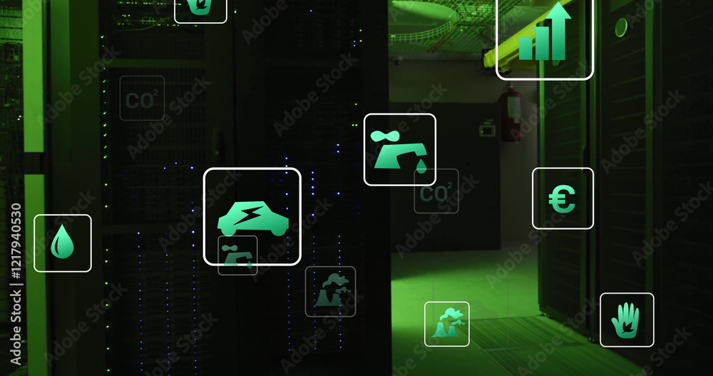Poster image of eco icons and digital data processing over computer servers