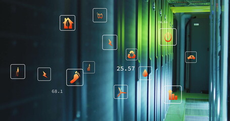 Image of eco icons and digital data processing over computer servers