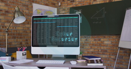 Image of digital data processing over computer on office desk