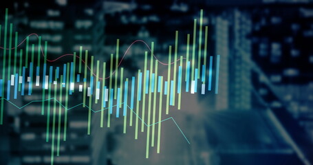 Image of diagrams moving over cityscape