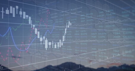 Image of data processing and diagrams over cityscape