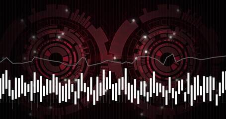 Audio waveform image over red and black futuristic digital interface
