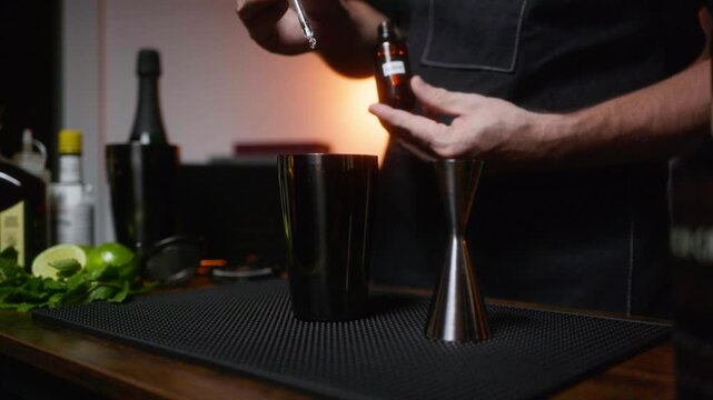 Bartender dripping bitters into a shaker. Bartender mixing cocktail at cozy home bar. Ideal for lifestyle or culinary projects.