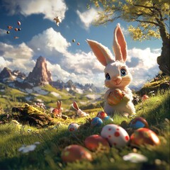 Easter Bunny's Adventure, a vibrant 2D cartoon depicting a rabbit joyfully gathering colorful eggs in a lush spring meadow setting