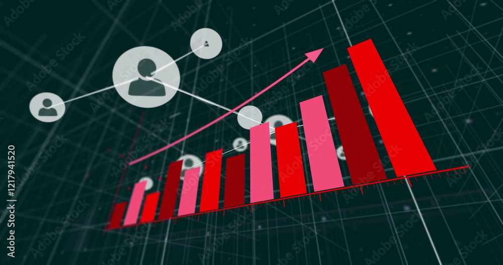 Poster rising bar graph and upward arrow image over network of connected user icons