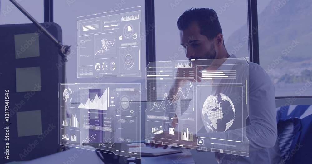 Poster image of data processing over caucasian businessman using computer in office