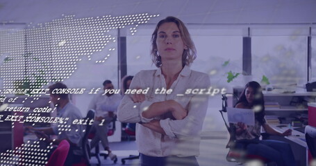 Image of data processing and world map over caucasian businesswoman with colleagues in office