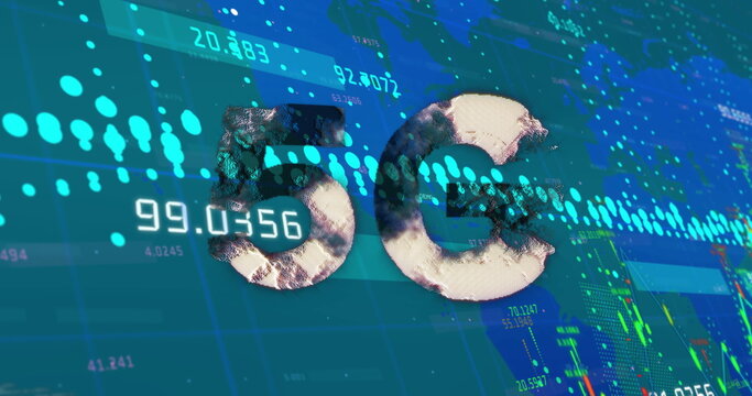 Image of 5g text over world map and data processing