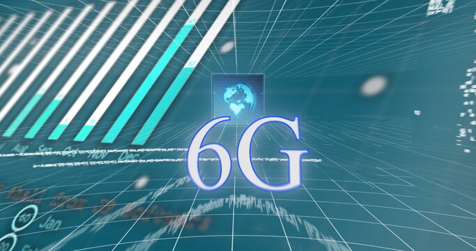 Image of 6g text over data processing and globe