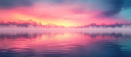 Fototapeta premium Captivating landscape scene of a vibrant sunset reflecting in the still waters of a serene lake creating a dreamlike and atmospheric ambiance with stunning colors and peaceful tranquility