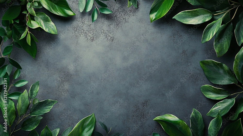 Aufkleber green leaves bordering dark grey textured background creating empty space