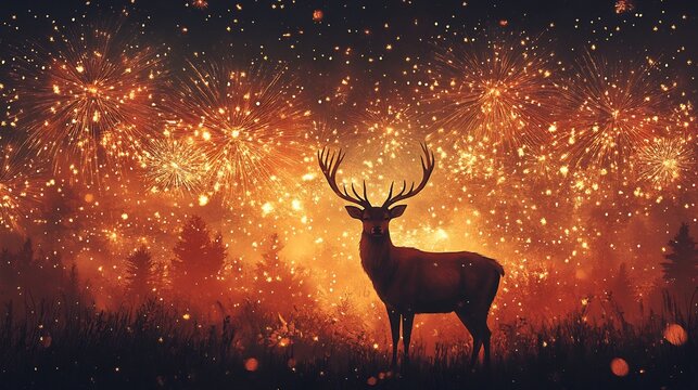 Majestic deer silhouetted against vibrant fiery fireworks display night sky. AI Generated