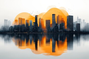 Dynamic graphic layout of a city skyline with orange overlay reflecting in water