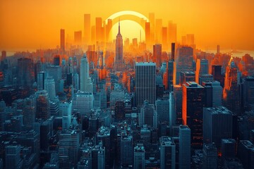 Fototapeta premium Stunning sunset over a bustling city skyline with towering skyscrapers in rich colors