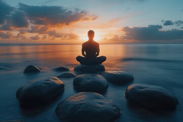 Meditation at dawn on the beach with calm waters and silhouetted figure