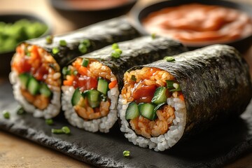 Delicious roll filled with rice, vegetables, and flavorful sauce served in a wrap