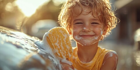 A joyful child scrubs a car with a sponge, surrounded by sunlight, capturing the essence of fun and summertime activities.