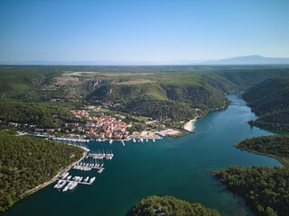 Aerial panoramic view of the town Skradin in Krka National Park, Croatia