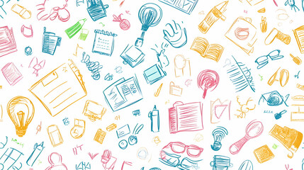 Colorful doodle pattern; office supplies, background; website, texture