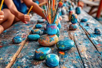 A colorful scene depicting painted rocks and brushes on a rustic wooden table, showcasing creativity and art-making activities.
