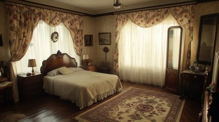 Vintage Bedroom with Floral Curtains and Soft Lighting