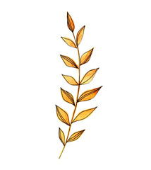 Watercolor simple autumn plant leaf doodle. Orange abstract tree twig stylized botanical drawing. Hand drawn decorative branch element ideal for autumn nature design or decor. 