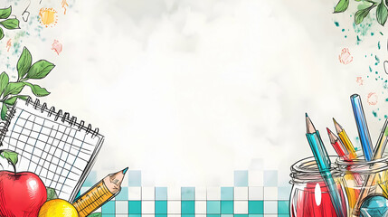 Back to school supplies on desk, classroom background, education banner
