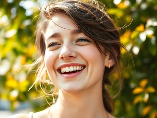 Fototapeta premium A close-up portrait of a young woman laughing outdoors, with sunlight softly