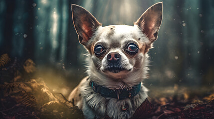Chihuahua in mystischer Waldkulisse mit warmem Licht