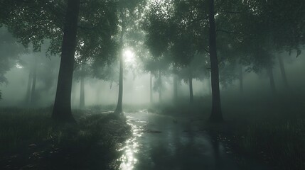 Obraz premium Misty Forest Path: A Serene Escape into Nature's Embrace