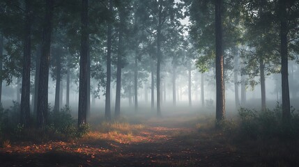Fototapeta premium Enchanted Forest Path: A Misty Morning in the Woods