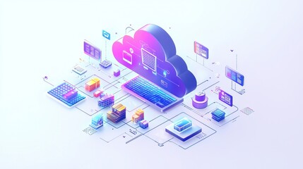 Fototapeta premium Icon of cloud technology representing the global business network, with interconnected devices and online shopping services