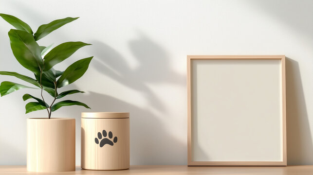 A wooden urn with a delicate paw print cutouts and a blank picture frame for photography, creating a personalized tribute to a beloved companion.
