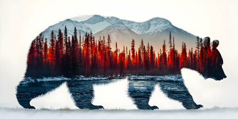 Grizzly Bear Silhouette, Mountain Sunset, River
